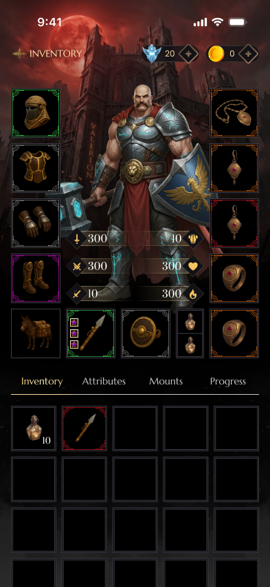 Valerion inventory screen