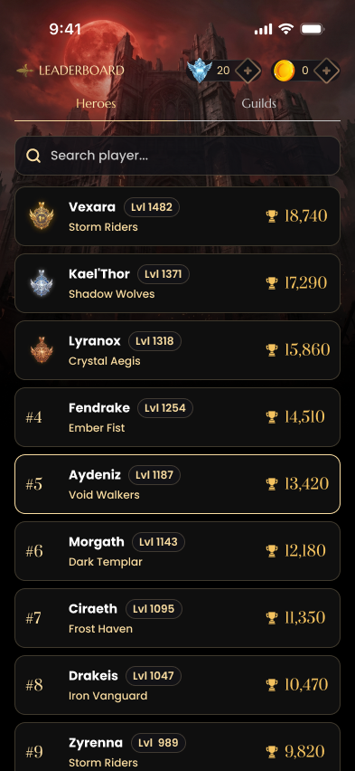 Valerion leaderboard screen
